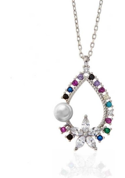 Gümüş Renkli Taşlı Çiçekli Kadın Kolye modelleri