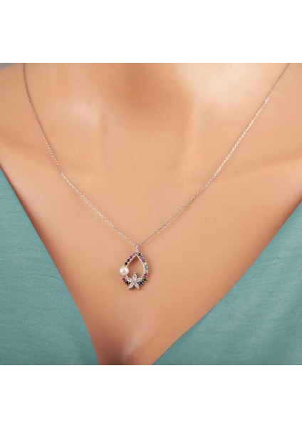 Gümüş Renkli Taşlı Çiçekli Kadın Kolye fırsatları