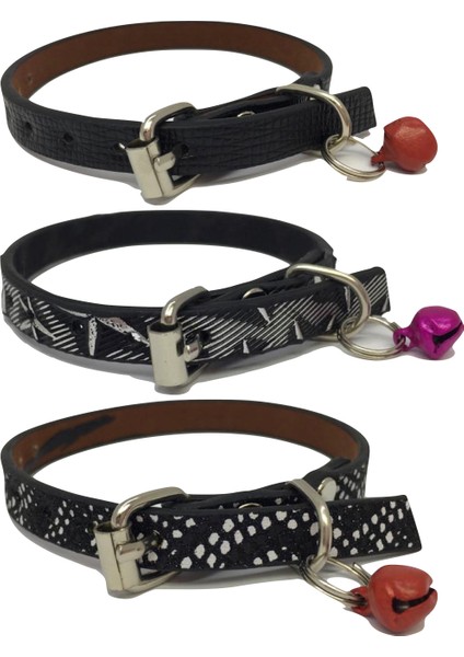 Zilli Deri Kedi Boyun Tasması 3'lü Set 30 cm