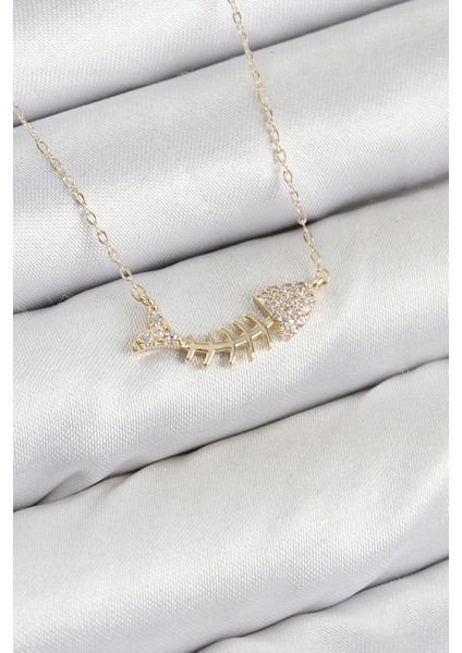 Erb Pirinç Zirkon Taşlı Balık Kılçığı Model Gold Renk Kadın Kolye