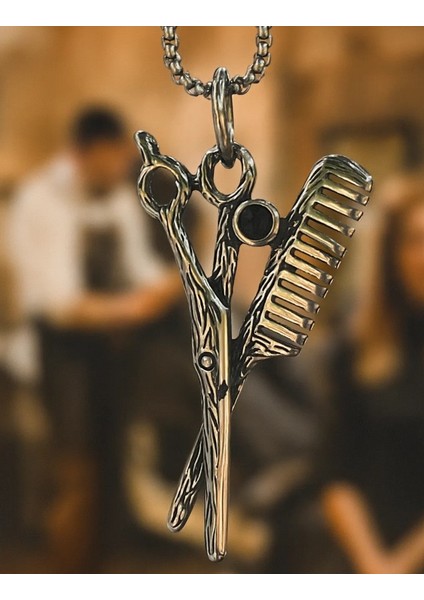 Büyük Boy Kuaför Temalı Siyah Zirkon Taşlı Paslanmaz Kararmaz Çelik Kolye /tarak Makas Kolye fiyatları