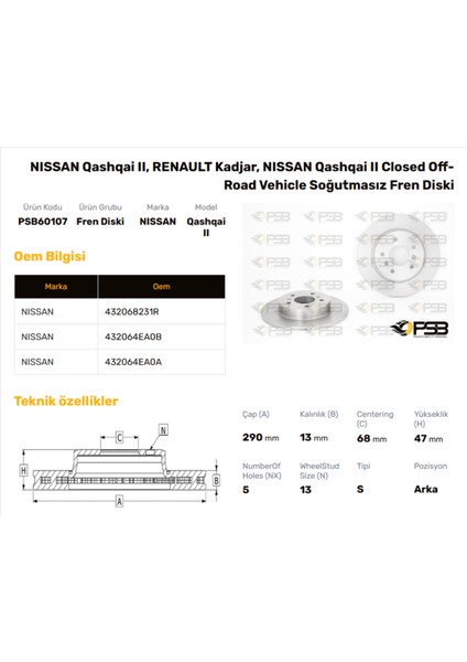 Fren Diski Arka 290MM Nıssan Qashqaı 2014- Oem Kodu - 43206-8231R-PSB60107