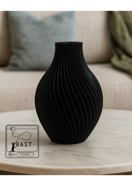 Bast Tasarım Terra – 3D Yazıcı Üretimi Ince Kanallı Modern Siyah Vazo (18 Cm, Masa, Salon ve Ofis Dekorasyonu Için Estetik ve Şık Dekoratif Aksesuar)