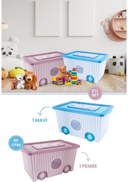 Kapaklı ve Taşınabilir 60 Litre Tekerlekli Oyuncak Saklama Kutusu 2’li Set 1 Pembe 1 Mavi