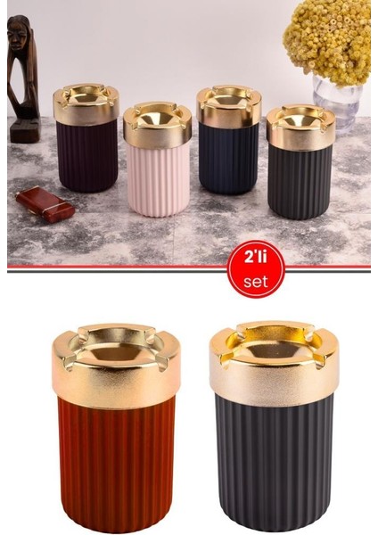 2 Adet Çizgili Oto Kokusuz Gold Küllük, Kokusuz Dumansız Yuvarlak Lüks Küllük 2’li Set Siyah-Kırmızı