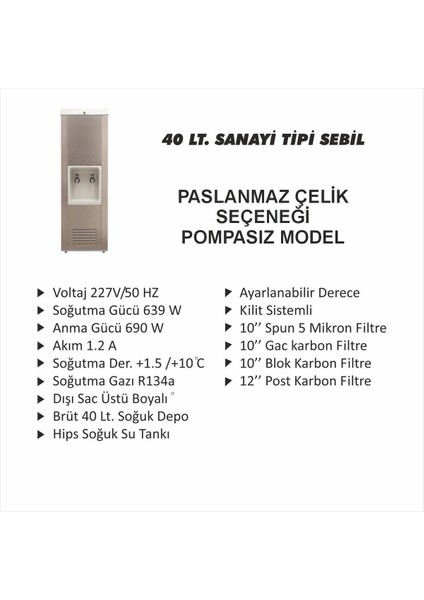 40 Litre Sanayi Tipi Arıtmalı Paslanmaz Su Sebili - Pompasız Model - Arıtma ve Soğutma fiyatları