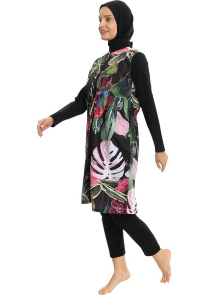 Kadın Yaprak Desenli Tam Kapalı Tesettür Mayo 2692-25 Siyah fiyatları