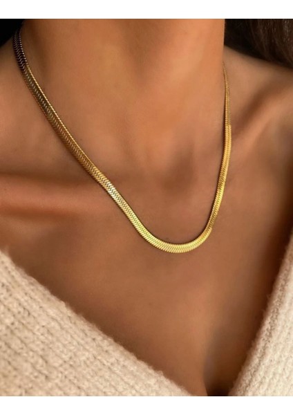 Kadın Çelik Altın Rengi Italyan Yassı Ezme Zincir Kolye