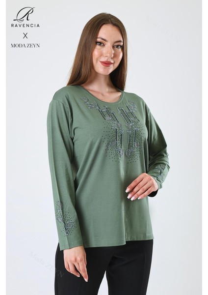 Kadın Orta Yaş ve Üzeri Viskon Damla Yaprak Desen Taşlı Işlemeli Likralı Yeşil Anne Penye Bluz