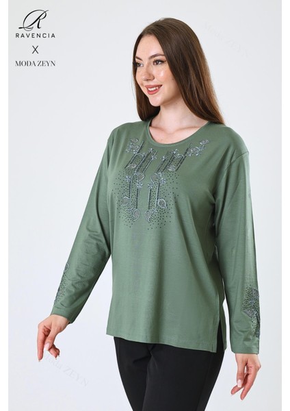 Kadın Orta Yaş ve Üzeri Viskon Damla Yaprak Desen Taşlı Işlemeli Likralı Yeşil Anne Penye Bluz fiyatları
