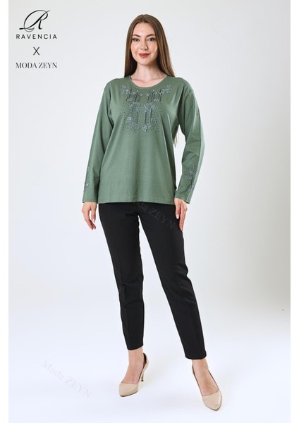 Kadın Orta Yaş ve Üzeri Viskon Damla Yaprak Desen Taşlı Işlemeli Likralı Yeşil Anne Penye Bluz modelleri