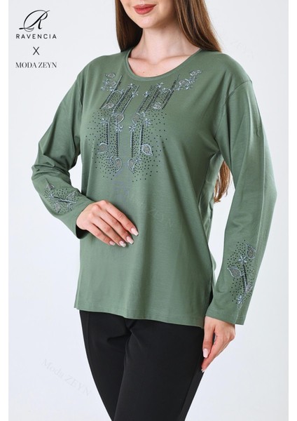 Kadın Orta Yaş ve Üzeri Viskon Damla Yaprak Desen Taşlı Işlemeli Likralı Yeşil Anne Penye Bluz fırsatları