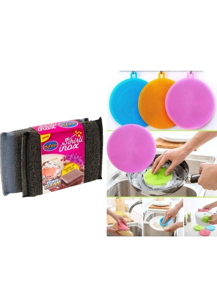 Paslanmaz Inox Sünger ve Silikon Fırça Takımı, 4 Parça