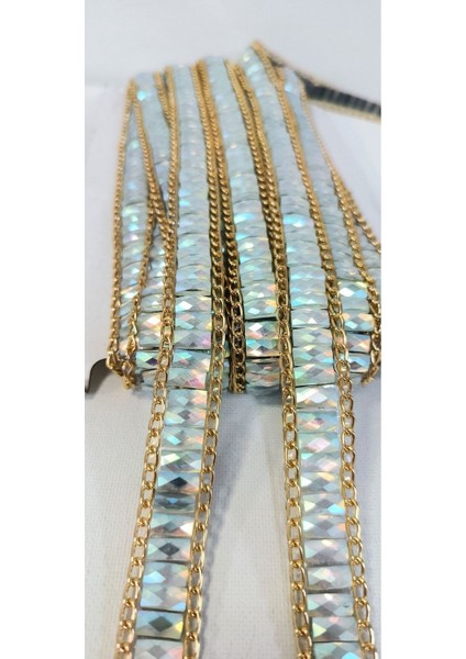 Özel Kristal Taşlı Janjanlı Gold Zincirli Yapıştırma Şerit