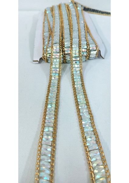 Özel Kristal Taşlı Janjanlı Gold Zincirli Yapıştırma Şerit