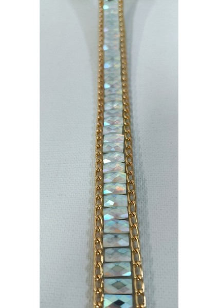 Özel Kristal Taşlı Janjanlı Gold Zincirli Yapıştırma Şerit