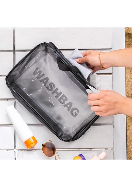 3142 2li Şeffaf Seyahat ve Makyaj Çantası Su Geçirmez Organizer Washbag 20X30CM fiyatları