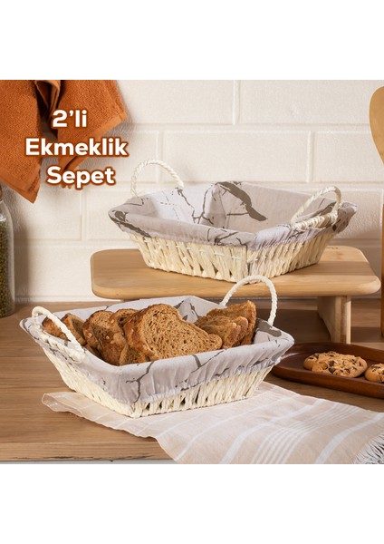 MIO-021 2li Hasır Görünümlü Kulplu Kare Ekmek Sepeti Beyaz 25,5cm