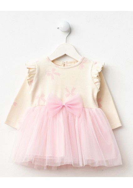 Kız Bebek Pamuklu Ekru Pembe Tüllü Fiyonklu Elbise - Uzun Kollu Ribana