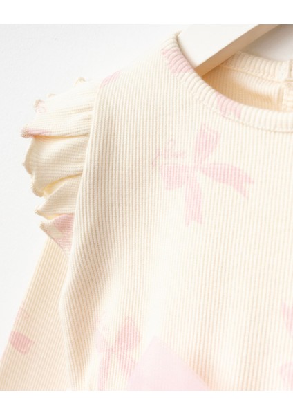 Kız Bebek Pamuklu Ekru Pembe Tüllü Fiyonklu Elbise - Uzun Kollu Ribana fiyatları