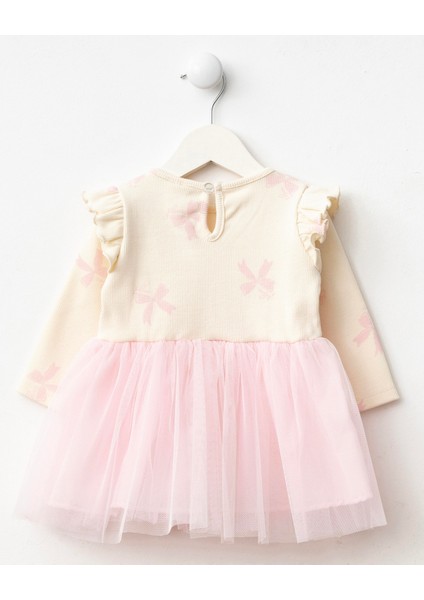 Kız Bebek Pamuklu Ekru Pembe Tüllü Fiyonklu Elbise - Uzun Kollu Ribana modelleri