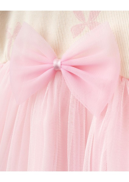 Kız Bebek Pamuklu Ekru Pembe Tüllü Fiyonklu Elbise - Uzun Kollu Ribana fırsatları