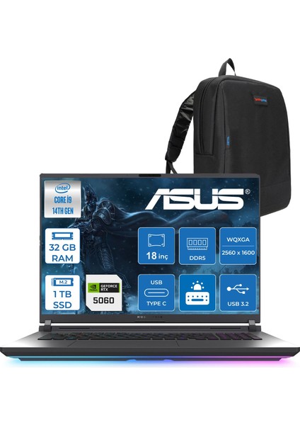 Rog Strix G18 G815JMR Intel Core I9 14900HX 32GB 1tb SSD 8GB/RTX5060 115W Gddr7 18" 2.5k (2560 x 1600, Wqxga) 240Hz 3ms Freedos Taşınabilir Bilgisayar ZS9035F11+ZETTAÇANTA