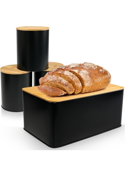 Gbmotion Siyah Metal Ekmek Kutusu ve 3’lü Saklama Kabı Seti – Siyah Mat Gövde & Bambu Kapaklı, Modern Mutfak Seti 32,5 x 21 x 15 cm