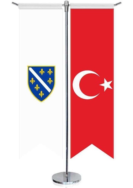 Bosna Hersek (1992-1998) Bayrağı ve Türkiye -Kırlangıç - Saten T Direk 2li Masa Bayrağı