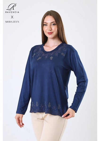 Kadın Orta Yaş ve Üzeri Viskon Yaprak Desenli Eteği Yakası Taşlı Işlemeli Likralı Indigo Anne Penye Bluz