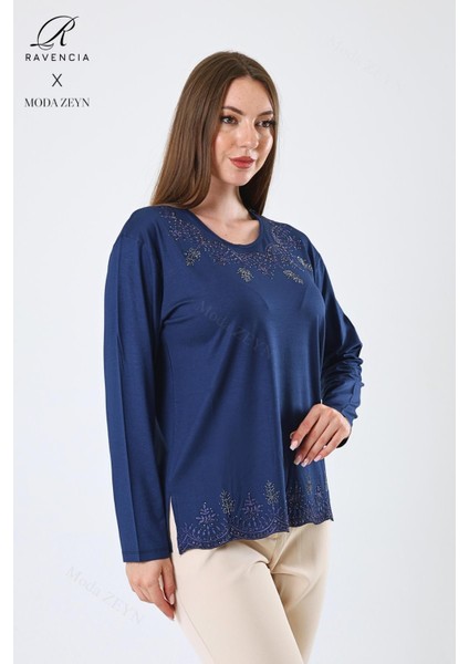 Kadın Orta Yaş ve Üzeri Viskon Yaprak Desenli Eteği Yakası Taşlı Işlemeli Likralı Indigo Anne Penye Bluz fiyatları