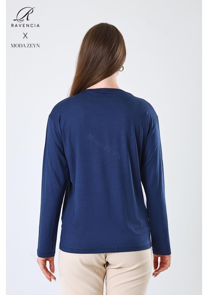 Kadın Orta Yaş ve Üzeri Viskon Yaprak Desenli Eteği Yakası Taşlı Işlemeli Likralı Indigo Anne Penye Bluz indirimleri