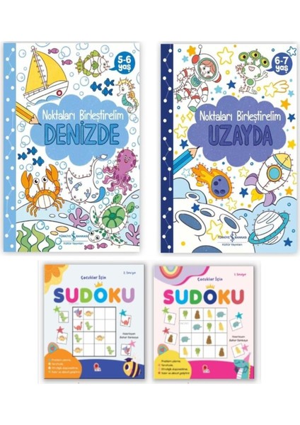 Aktivite Seti(4 Kitap) Noktaları Birleştirelim Denizde- Uzayda- Çocuklar Için Sudoku 1-2