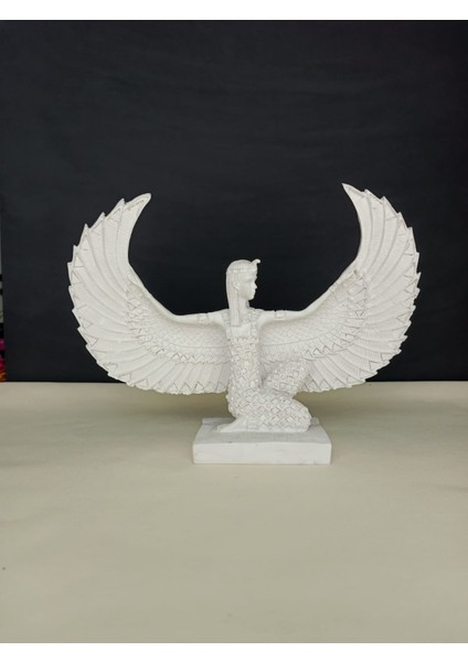 Antik İsis Heykel Obje , Oturan Kanatlı İsis El Yapımı Beyaz Obje, Yüksek Kaliteli Malzeme Ev Dekoru, Hediyelik Ev Dekoru (29x22)