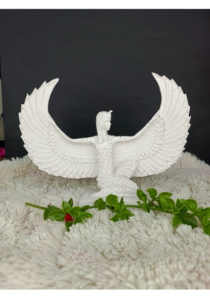 Antik İsis Heykel Obje , Oturan Kanatlı İsis El Yapımı Beyaz Obje, Yüksek Kaliteli Malzeme Ev Dekoru, Hediyelik Ev Dekoru (29x22) fırsatları