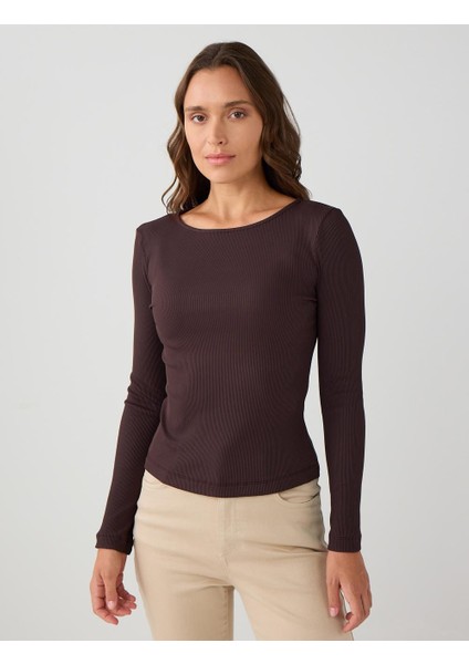 Acı Kahve Dar Kesim Kayık Yaka Örme Bluz
