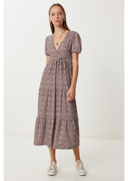 Desenli Volanlı Krinkıl Örme Elbise LUB0166 Kahverengi Ekru