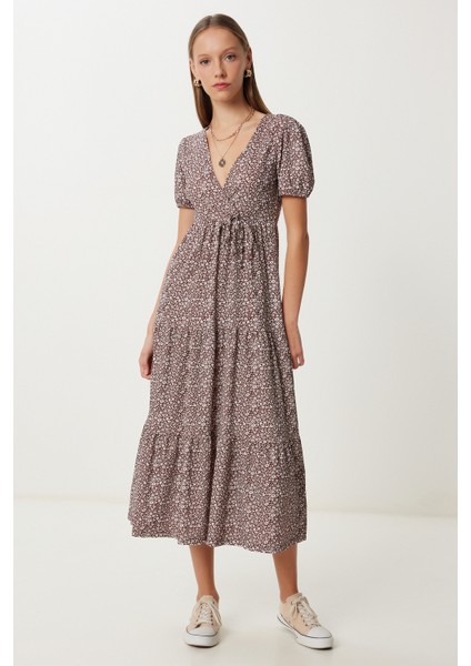 Desenli Volanlı Krinkıl Örme Elbise LUB0166 Kahverengi Ekru fiyatları