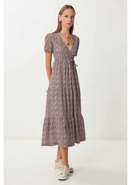 Desenli Volanlı Krinkıl Örme Elbise LUB0166 Kahverengi Ekru modelleri