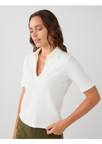 Ekru %100 Pamuk Kısa Kollu Gömlek Yaka Örme Bluz