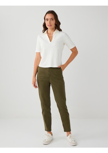 Ekru %100 Pamuk Kısa Kollu Gömlek Yaka Örme Bluz fiyatları