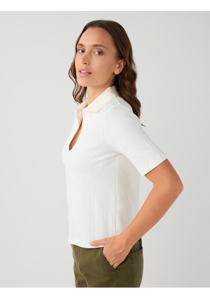 Ekru %100 Pamuk Kısa Kollu Gömlek Yaka Örme Bluz modelleri