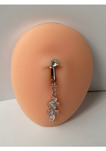 Çelik Göbek Piercing Mıknatıslı Deliksiz Kullanım Sıkıştırmalı Çiçek Sallantılı Uzun Model