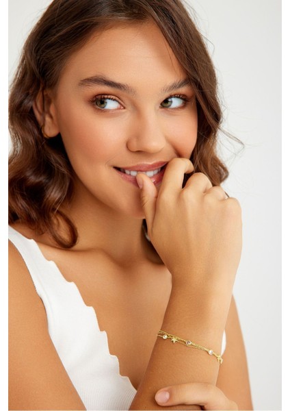 925 Ayar Gümüş Altın Kaplamalı Zirkon Taşlı Yıldız Modeli Kadın Bileklik