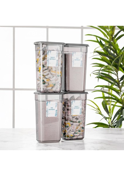 4 Adet Elina Jumbo Etiketli Dikdörtgen Saklama Kabı - Tablet Deterjan Saklama Kutusu seti 3200 ml