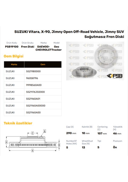 Fren Diski Ön 290MM Suzukı Vıtara 1991-1997 Samuraı 1990- Oem Kodu - 55211-80000-PSB19100