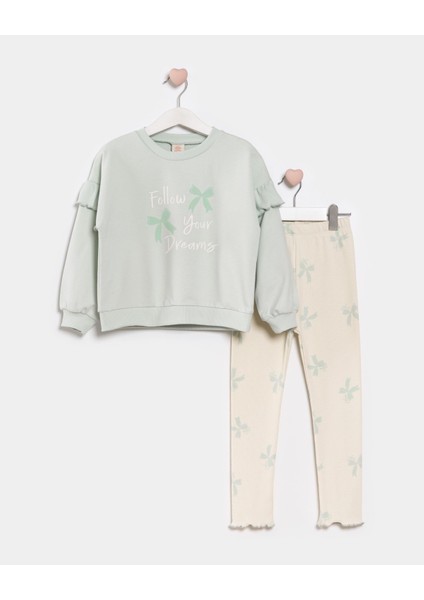 Kız Çocuk Pamuklu Mint Follow Your Dreams Sweatshirt ve Fiyonklu Tayt Takım