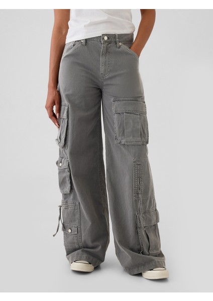 Kadın Gri Mid Rise Relaxed Kargo Pantolon