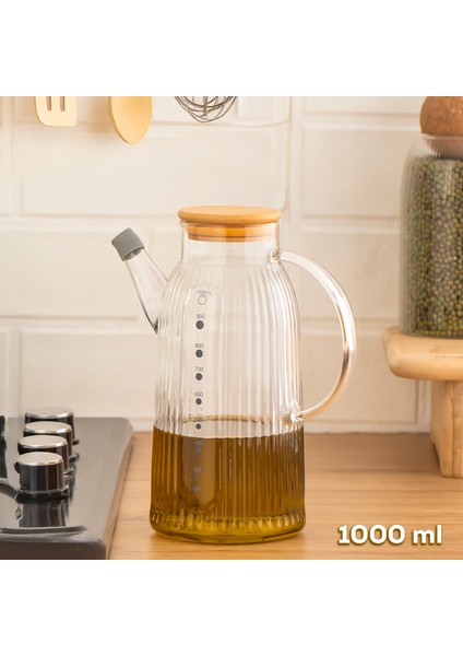 2091 Bambu Kapaklı Vakumlu Ölçekli Borosilikat Cam Yağdanlık Yağlık Sirkelik 1000ML