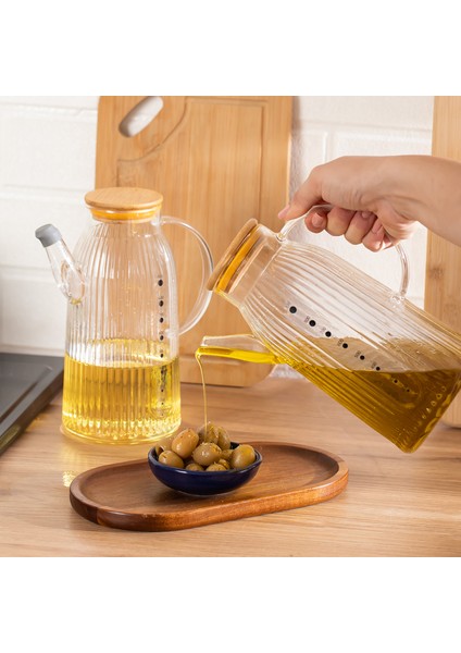 2091 Bambu Kapaklı Vakumlu Ölçekli Borosilikat Cam Yağdanlık Yağlık Sirkelik 1000ML fiyatları